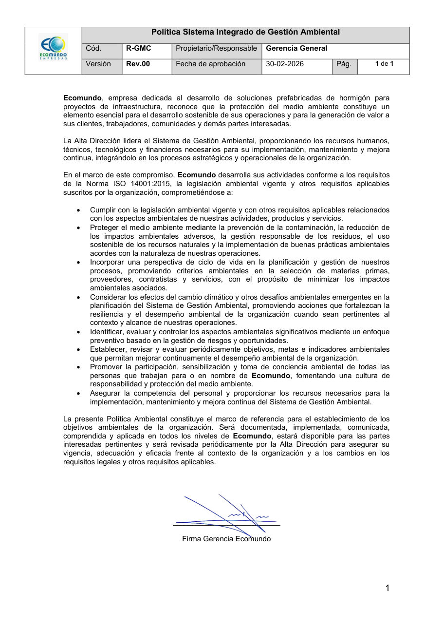 Política Ambiental ISO 14001 Ecomundo