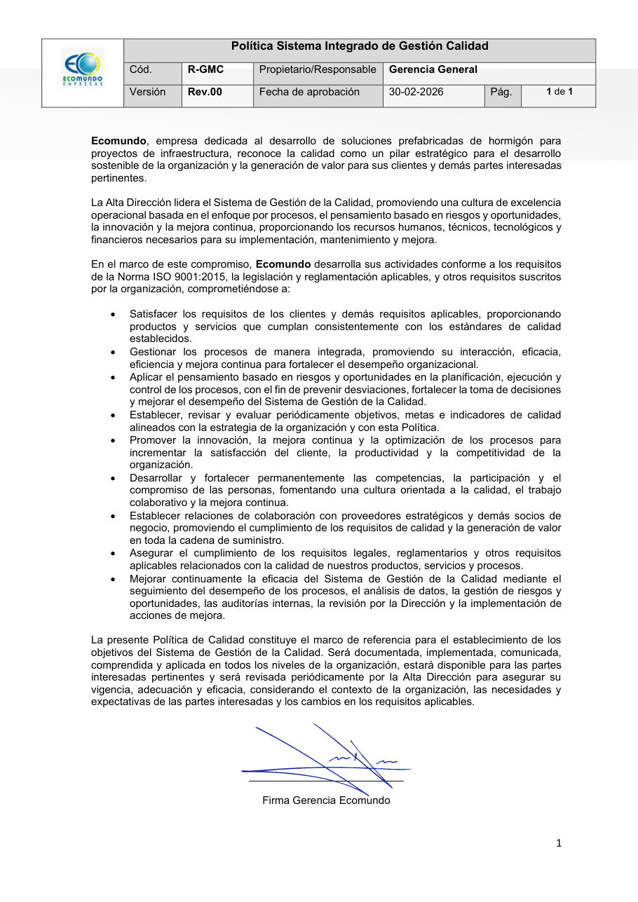 Política de Calidad ISO 9001 Ecomundo