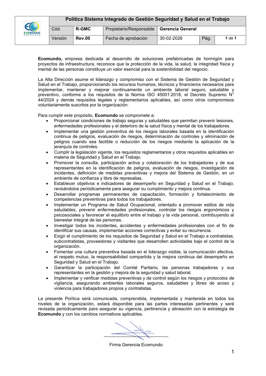 Política de Seguridad y Salud en el Trabajo ISO 45001 Ecomundo